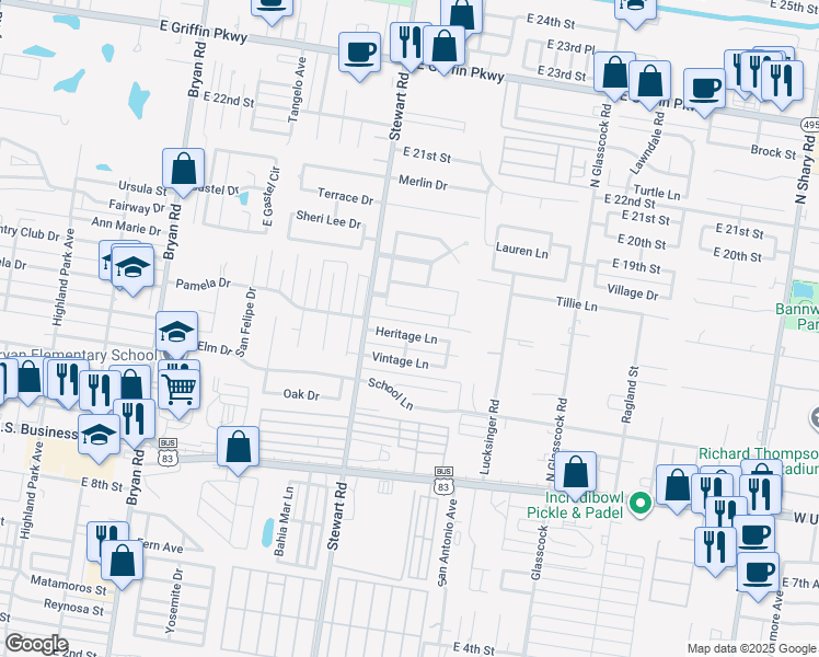 map of restaurants, bars, coffee shops, grocery stores, and more near 1609 Heritage Lane in Mission