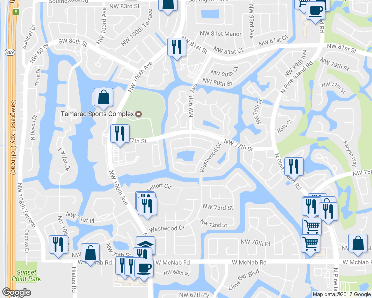 map of restaurants, bars, coffee shops, grocery stores, and more near 9736 Northwest 76th Street in Tamarac