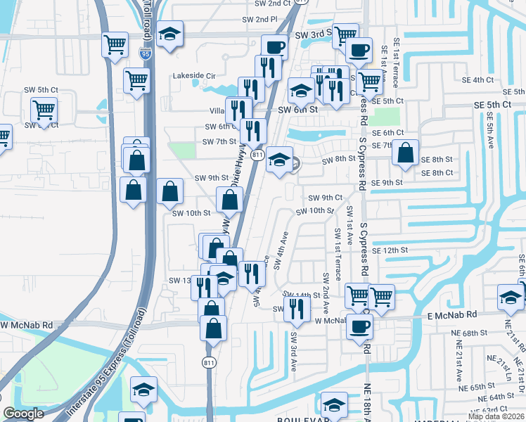 map of restaurants, bars, coffee shops, grocery stores, and more near 1025 South Flagler Avenue in Pompano Beach