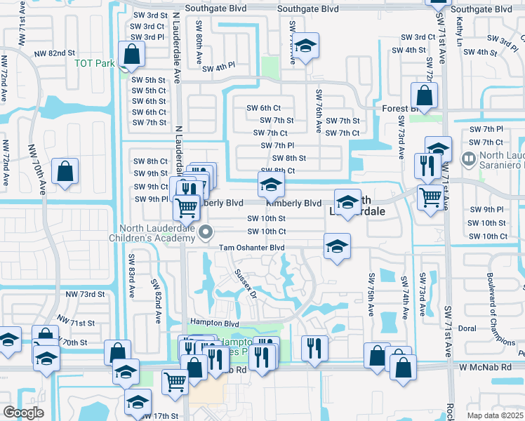 map of restaurants, bars, coffee shops, grocery stores, and more near 7834 Kimberly Boulevard in North Lauderdale