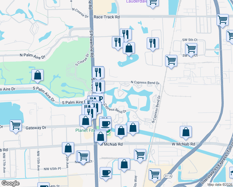 map of restaurants, bars, coffee shops, grocery stores, and more near 2232 North Cypress Bend Drive in Pompano Beach