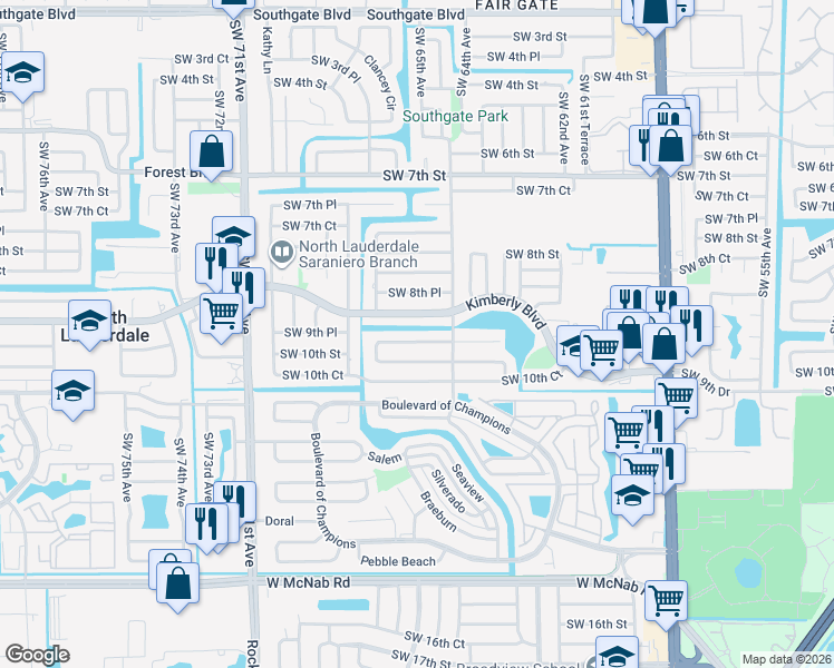 map of restaurants, bars, coffee shops, grocery stores, and more near 6511 Southwest 9th Place in North Lauderdale