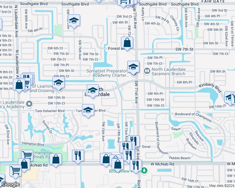 map of restaurants, bars, coffee shops, grocery stores, and more near 920 Southwest 74th Avenue in North Lauderdale