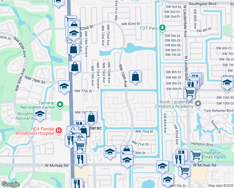 map of restaurants, bars, coffee shops, grocery stores, and more near 7206 Northwest 77th Street in Tamarac