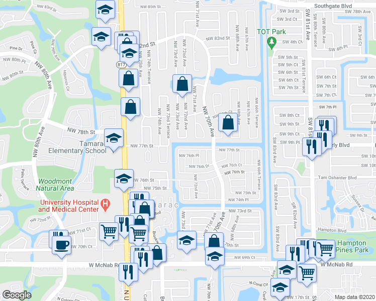 map of restaurants, bars, coffee shops, grocery stores, and more near 7206 Northwest 77th Street in Tamarac