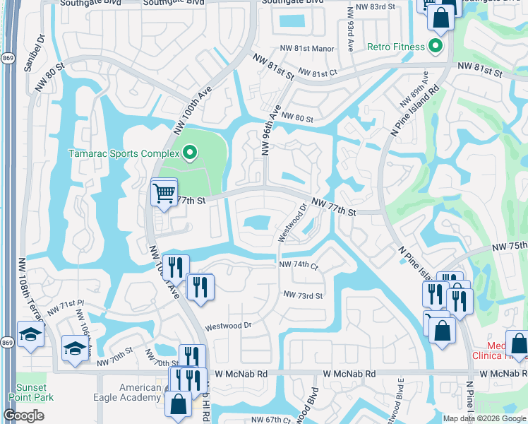 map of restaurants, bars, coffee shops, grocery stores, and more near 9736 Northwest 76th Street in Tamarac