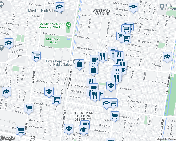 map of restaurants, bars, coffee shops, grocery stores, and more near 1401 North 15th Street in McAllen
