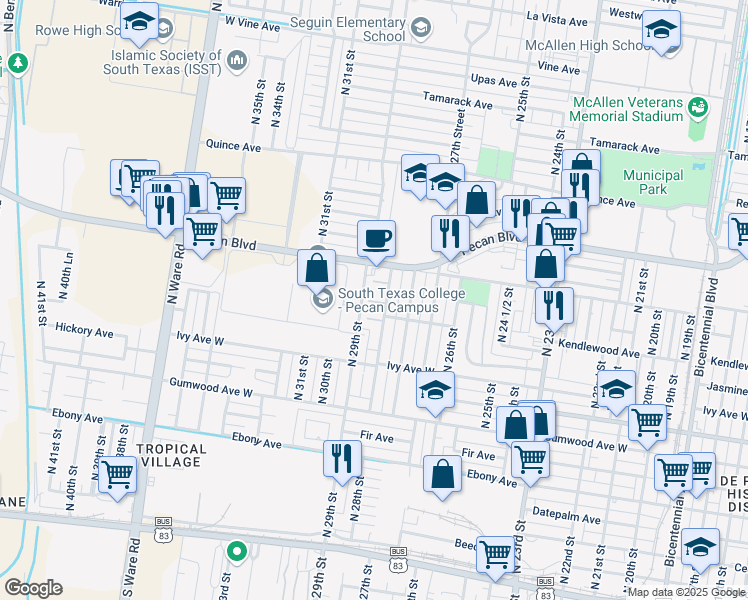 map of restaurants, bars, coffee shops, grocery stores, and more near 2801 West Maple Avenue in McAllen