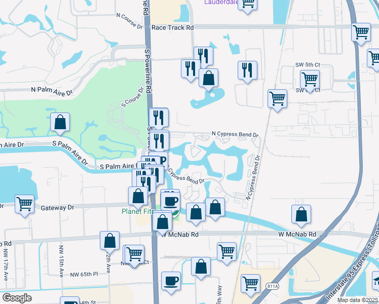 map of restaurants, bars, coffee shops, grocery stores, and more near 2232 North Cypress Bend Drive in Pompano Beach