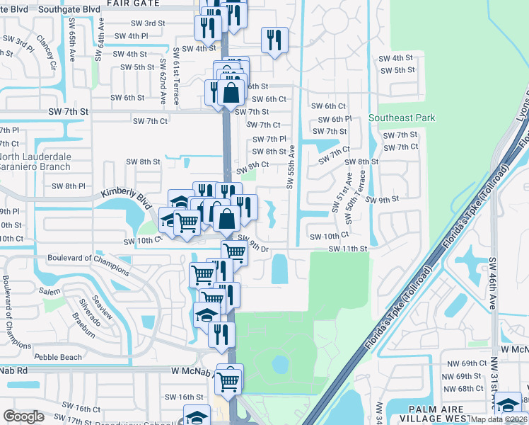 map of restaurants, bars, coffee shops, grocery stores, and more near 5570 Southwest 9th Court in Margate