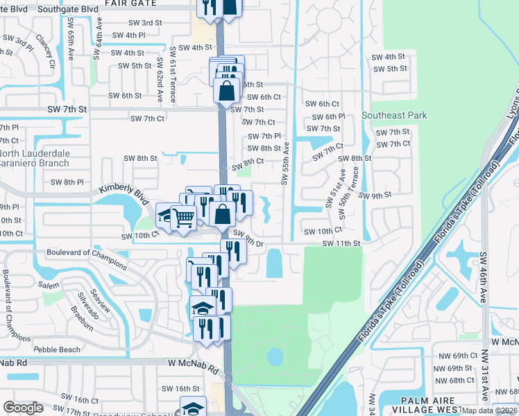 map of restaurants, bars, coffee shops, grocery stores, and more near 5570 Southwest 9th Court in Margate