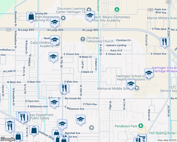 map of restaurants, bars, coffee shops, grocery stores, and more near 2502 Lou Ann Lane in Harlingen