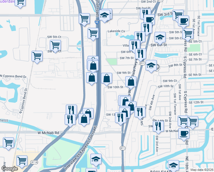 map of restaurants, bars, coffee shops, grocery stores, and more near 851 Southwest 10th Street in Pompano Beach
