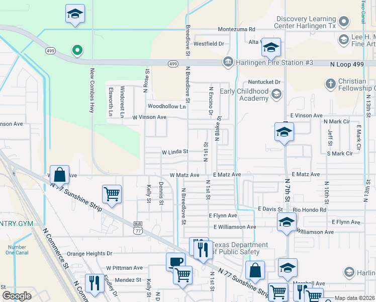 map of restaurants, bars, coffee shops, grocery stores, and more near North Breedlove Street in Harlingen