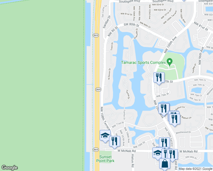 map of restaurants, bars, coffee shops, grocery stores, and more near 7357 Devon Drive in Tamarac