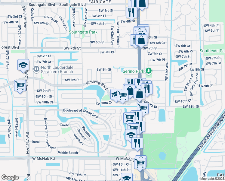 map of restaurants, bars, coffee shops, grocery stores, and more near 6201 Southwest 9th Place in North Lauderdale