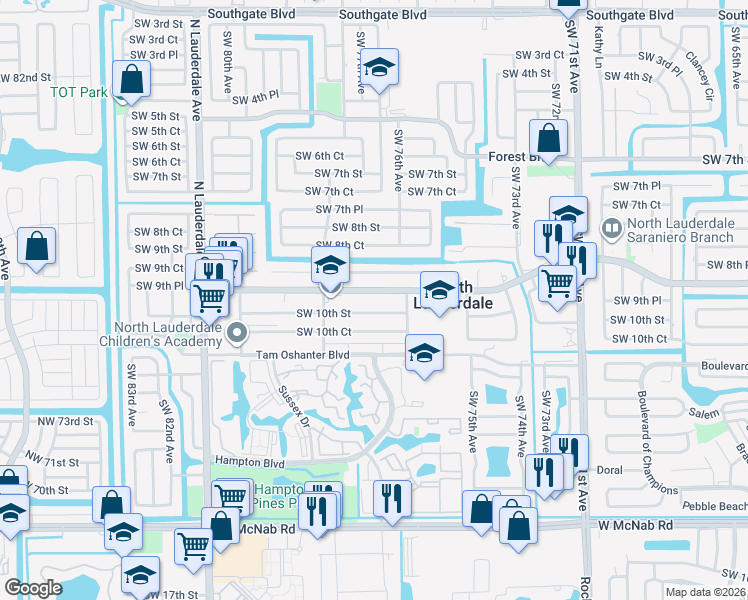 map of restaurants, bars, coffee shops, grocery stores, and more near 7635 Southwest 10th Street in North Lauderdale