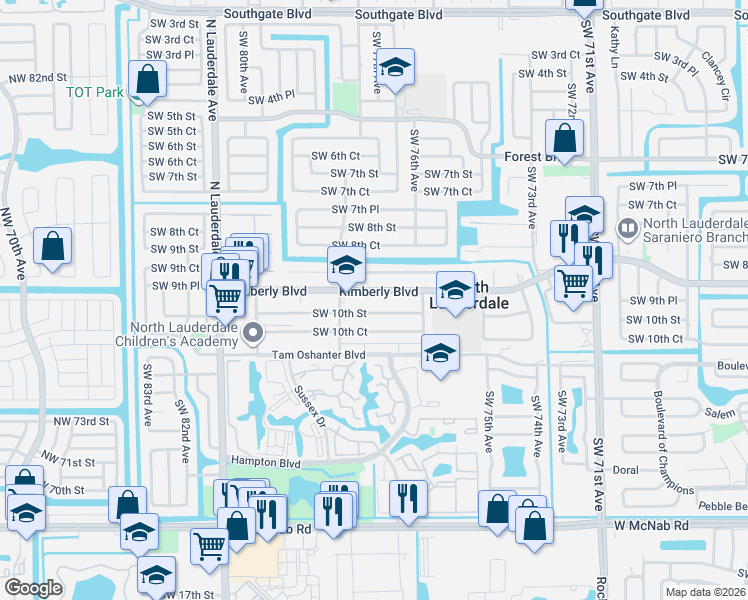 map of restaurants, bars, coffee shops, grocery stores, and more near 7674 Kimberly Boulevard in North Lauderdale