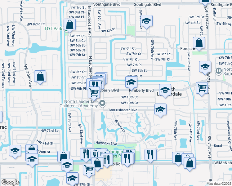 map of restaurants, bars, coffee shops, grocery stores, and more near 7864 Kimberly Boulevard in North Lauderdale