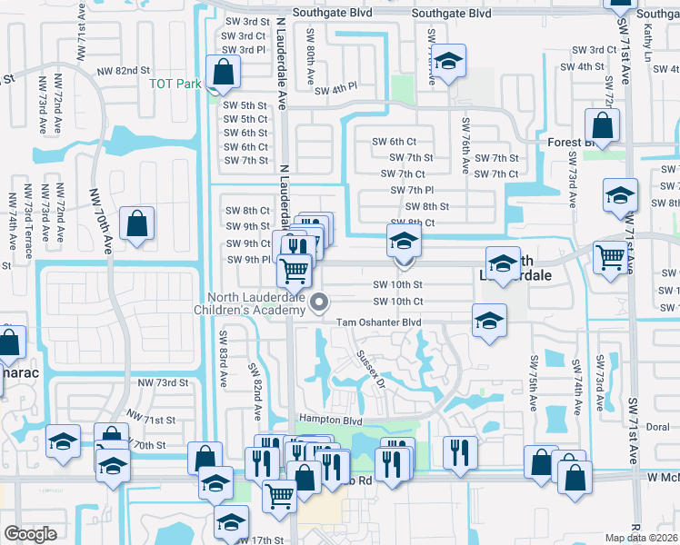 map of restaurants, bars, coffee shops, grocery stores, and more near 7864 Kimberly Boulevard in North Lauderdale