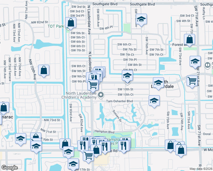 map of restaurants, bars, coffee shops, grocery stores, and more near 7944 Kimberly Boulevard in North Lauderdale