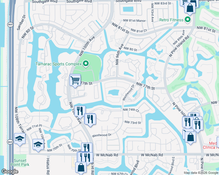 map of restaurants, bars, coffee shops, grocery stores, and more near 9736 Northwest 76th Street in Tamarac