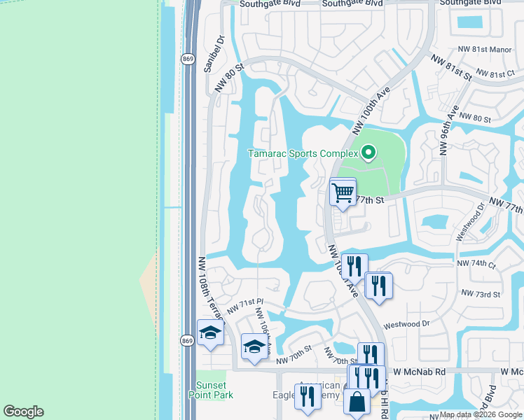 map of restaurants, bars, coffee shops, grocery stores, and more near 7572 Fairfax Drive in Tamarac