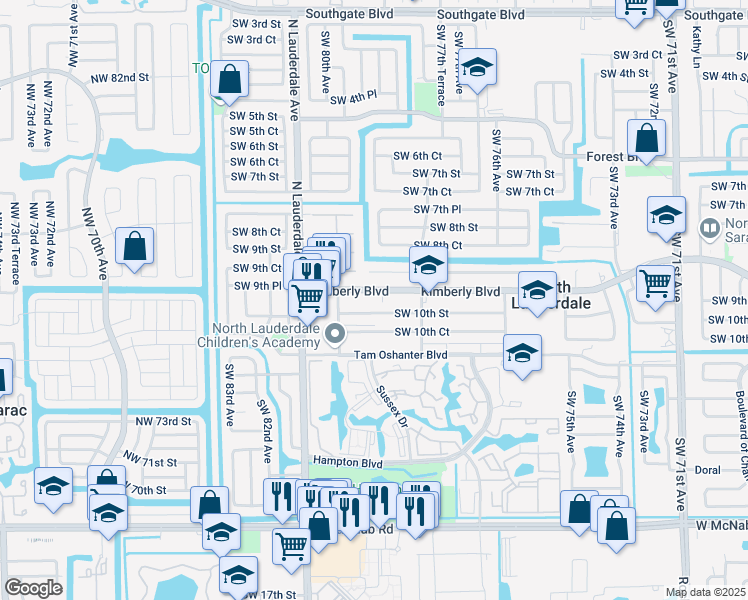 map of restaurants, bars, coffee shops, grocery stores, and more near 7864 Kimberly Blvd in North Lauderdale