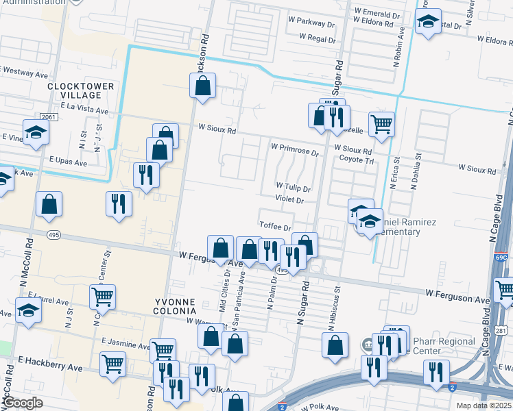 map of restaurants, bars, coffee shops, grocery stores, and more near 2613 North Poinsetta Lane in Pharr