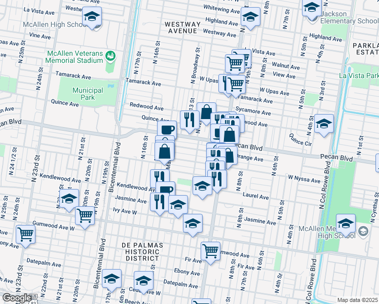 map of restaurants, bars, coffee shops, grocery stores, and more near 1209 Orange Street in McAllen