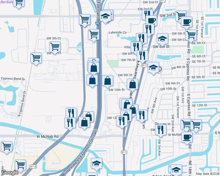 map of restaurants, bars, coffee shops, grocery stores, and more near 851 Southwest 10th Street in Pompano Beach