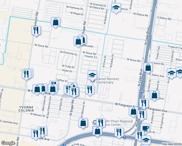 map of restaurants, bars, coffee shops, grocery stores, and more near 710 Goodnight Trail in Pharr