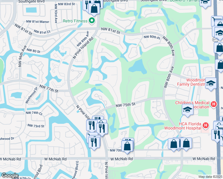 map of restaurants, bars, coffee shops, grocery stores, and more near 7615 Banyan Way in Tamarac