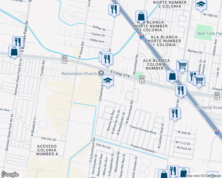 map of restaurants, bars, coffee shops, grocery stores, and more near Shuerbach Road in Mission