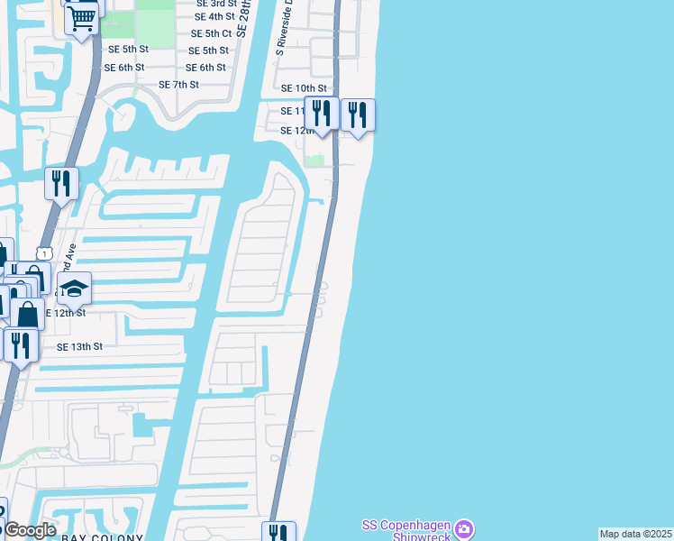 map of restaurants, bars, coffee shops, grocery stores, and more near 1390 South Ocean Boulevard in Pompano Beach