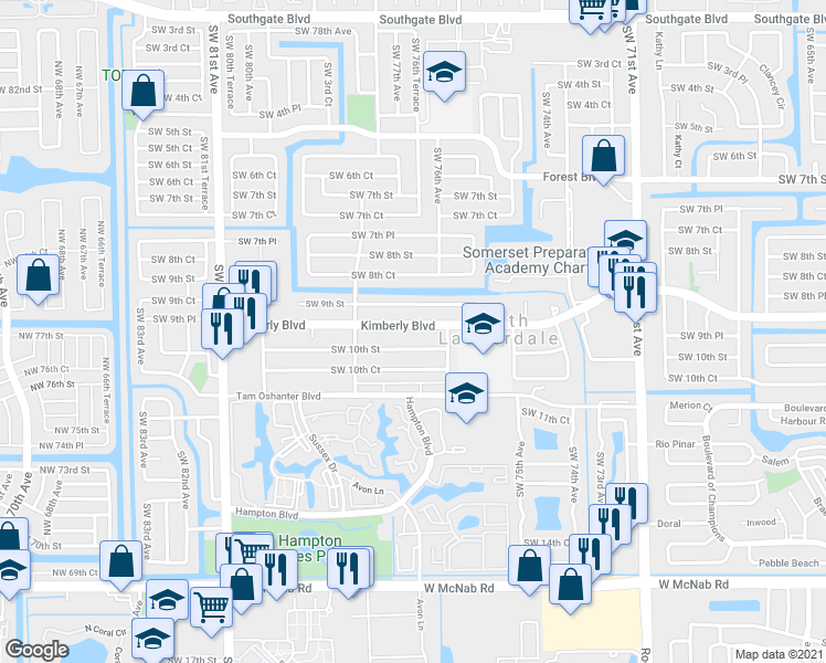 map of restaurants, bars, coffee shops, grocery stores, and more near 7635 Southwest 10th Street in North Lauderdale