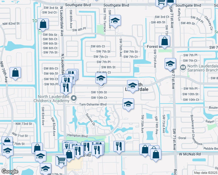 map of restaurants, bars, coffee shops, grocery stores, and more near 7674 Kimberly Boulevard in North Lauderdale