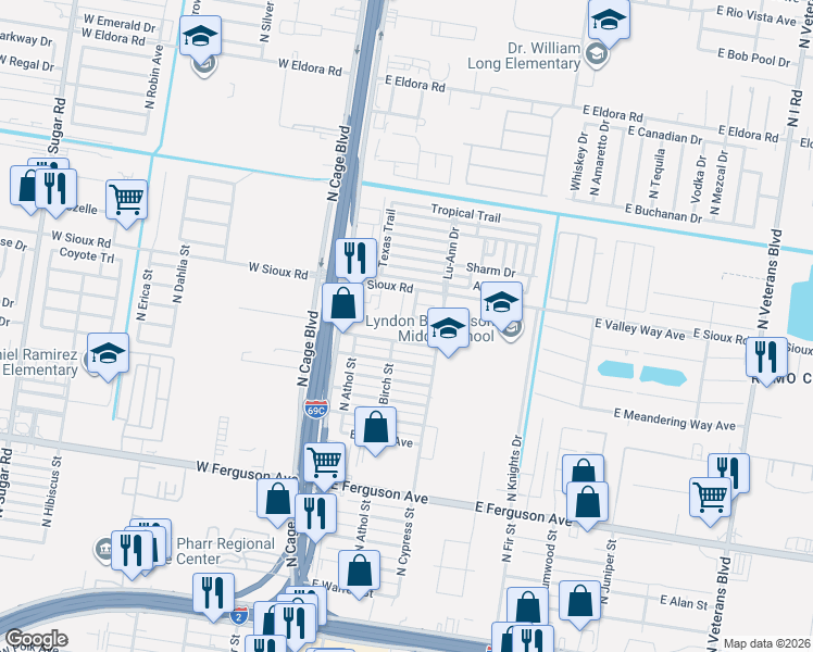 map of restaurants, bars, coffee shops, grocery stores, and more near 203 East Saenz Avenue in Pharr