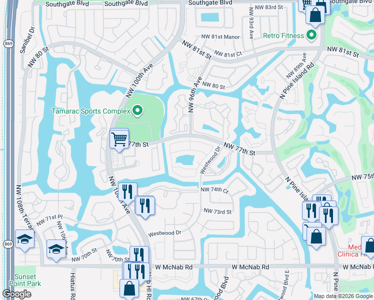 map of restaurants, bars, coffee shops, grocery stores, and more near 9736 Northwest 76th Street in Tamarac