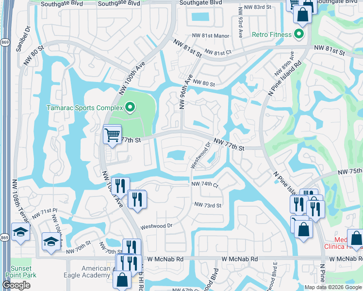 map of restaurants, bars, coffee shops, grocery stores, and more near 9736 Northwest 76th Street in Tamarac
