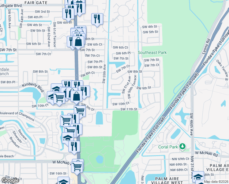 map of restaurants, bars, coffee shops, grocery stores, and more near 5325 Southwest 9th Street in Margate