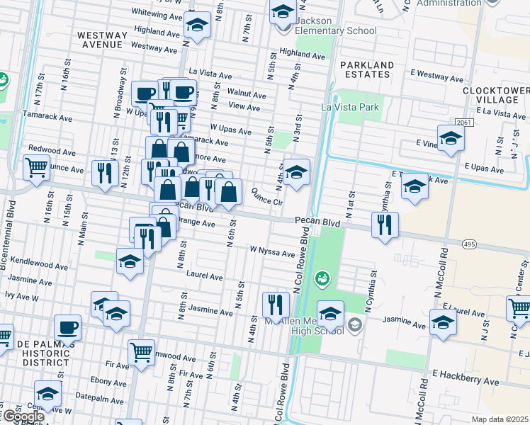 map of restaurants, bars, coffee shops, grocery stores, and more near 408 Pecan Boulevard in McAllen