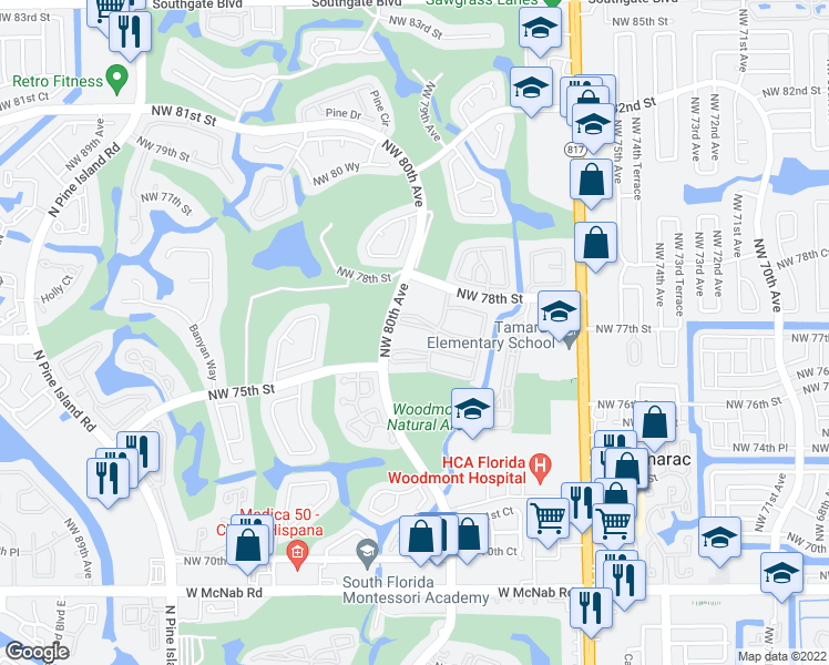 map of restaurants, bars, coffee shops, grocery stores, and more near 7625 Northwest 79th Avenue in Tamarac
