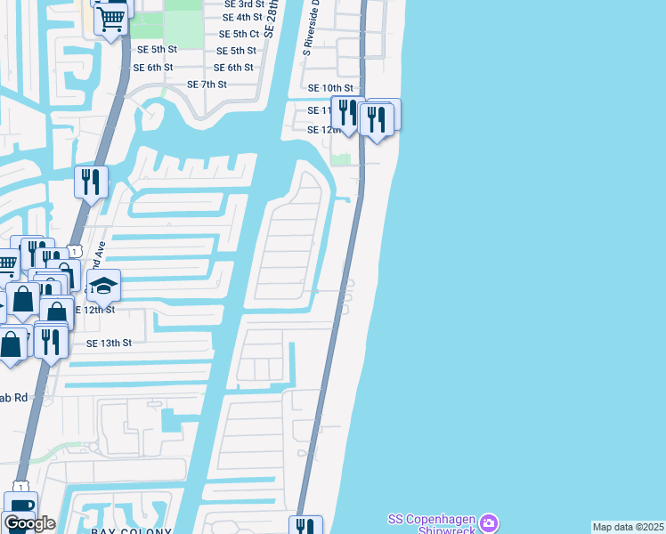 map of restaurants, bars, coffee shops, grocery stores, and more near 1391 South Ocean Boulevard in Pompano Beach