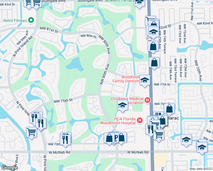 map of restaurants, bars, coffee shops, grocery stores, and more near 7625 Northwest 79th Avenue in Tamarac