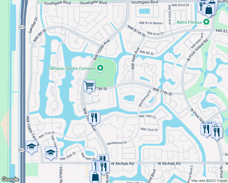 map of restaurants, bars, coffee shops, grocery stores, and more near 7624 Northwest 99th Terrace in Tamarac