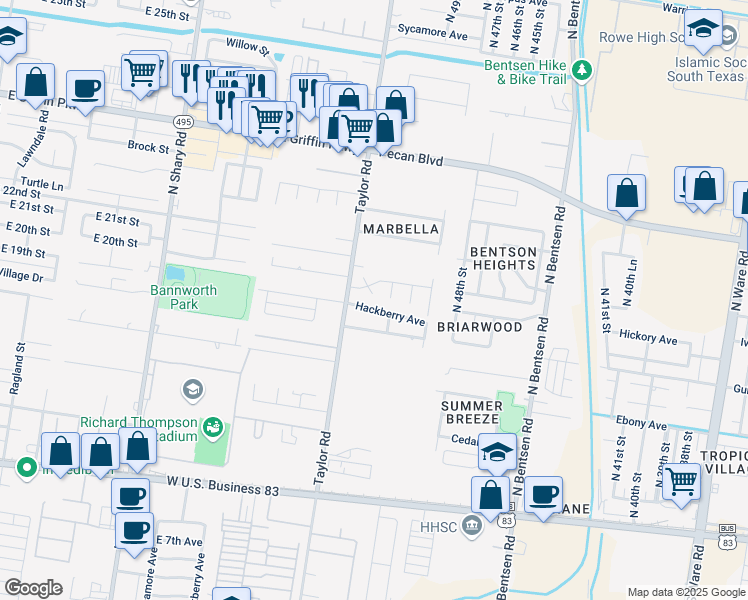 map of restaurants, bars, coffee shops, grocery stores, and more near 5113 Jasmine Court in McAllen