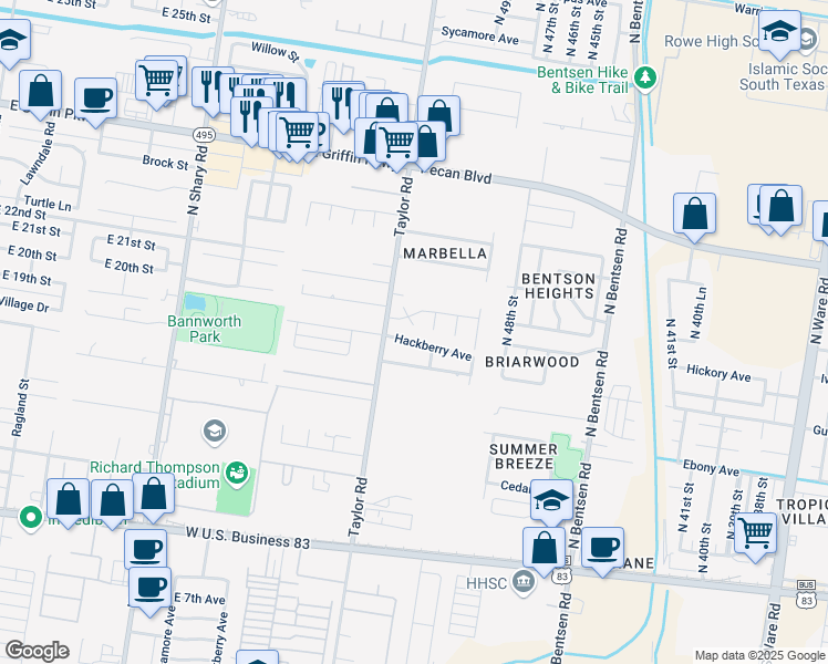 map of restaurants, bars, coffee shops, grocery stores, and more near 5113 Jasmine Court in McAllen