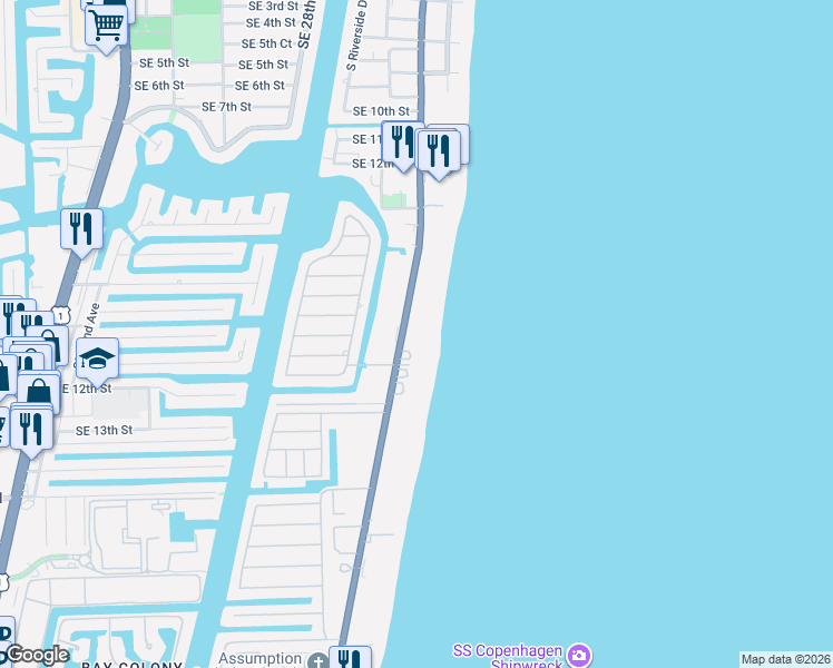 map of restaurants, bars, coffee shops, grocery stores, and more near 1390 South Ocean Boulevard in Pompano Beach