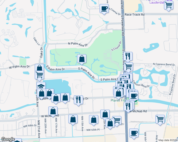 map of restaurants, bars, coffee shops, grocery stores, and more near 2901 South Palm Aire Drive in Pompano Beach